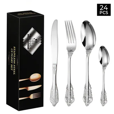 Immagine prodotto di Set di posate da 24 pezzi per 6 persone, set di posate in acciaio inossidabile con manici goffrati, stile vintage da palazzo, lavabile in lavastoviglie, con confezione regalo, argento