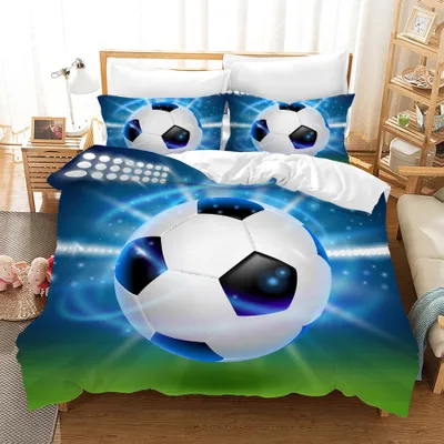 Zdjęcie produktu dla Omgoods - Komplet pościeli z kocem w motyw piłki nożnej, 200 x 200 cm
