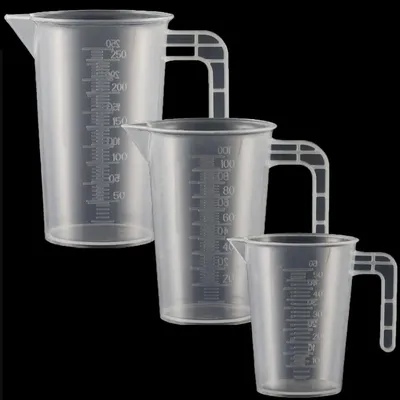 Productafbeelding van Maatbekerset, 3 stuks, kunststof, met handgreep en gramweegschaal, 50 ml, 100 ml, 250 ml, hittebestendig, transparant
