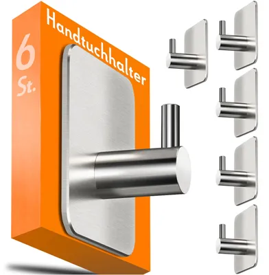 Image de Porte-serviettes sans perçage, couleur argent – Lot de 6 porte-serviettes pour salle de bains, crochets autocollants en acier inoxydable, crochets résistants à l'eau pour la salle de bains, les toilettes et la cuisine – crochets autocollants de haute qualité pour serviettes