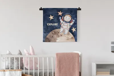 Produktbild von MuchoWow® Wandteppich Wandbehang Sprichwörter - Zitate - 'Erforschen' - Astronaut - Jungen - Mädchen - Kinder 60x60 cm Tapisserie Dekoration Wandtuch - Dekorationen - Wand Decke