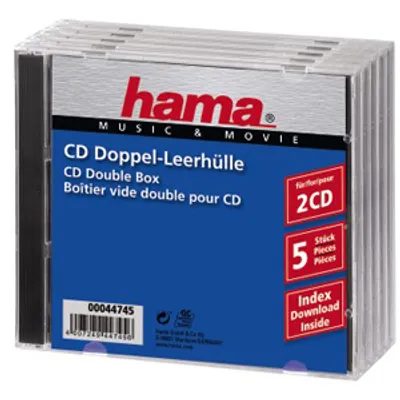 Produktbild von Hama CD Double Jewel Case Standard, Pack 5, 2 Disks, Transparent, 140 mm, 128 mm, 52 mm, 280 g