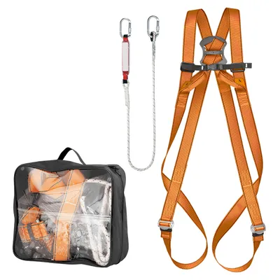 Obrázek produktu pro Bezpečnostní sada NEO TOOLS se zachycovačem pádu; bezpečnostní postroj, velikost M-XL, polyesterový popruh 45 mm, zachycovač pádu s 2 m lanem; dvě karabiny s bezpečnostní maticí typu Screw-Lock
