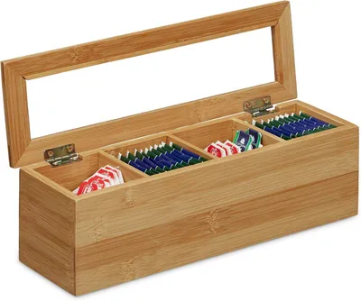 Immagine prodotto di Theedoos in bambù - Piccola - 4 scomparti - Per bustine di tè - Coperchio trasparente - Piccola scatola per tè - Dimensioni: 9x30x9 cm - Naturale