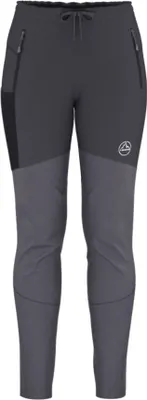 Dunkelgraue Aequilibrium Speed Tights W von La Sportiva mit seitlichen Reißverschlusstaschen und elastischem Bund.