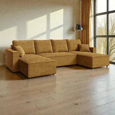 Produktbild von FurMeb24 ECKSOFA mit Schlaffunktion und bettkasten ALCOS U 305 cm × 140 cm × 85 cm Stoff POSO 1