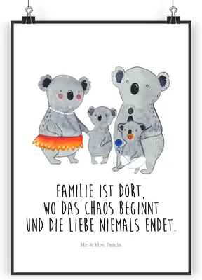 Produktbild von Mr. & Mrs. Panda Bild Koala Familie DIN A3 - Weiß - Geschenk, Kunstdruck, Plakat, Deko, Family, wanddeko, drucke, Mama, Muttertag, Familienzeit