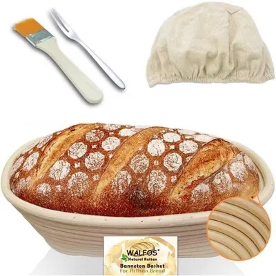 Productafbeelding van Gistmand, Banneton, rieten set, linnen bekleding, ovaal, 25 cm + borstel