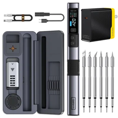 Imagen del producto de Kit de soldador - Juego de estación de soldadura - Reparación de electrónica - 100W, calentamiento rápido - Ajustable de 100-450°C - Negro