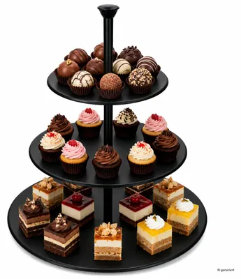 Image de Bekka Étagère noire, 3 niveaux, diamètre 25 cm. Présentoir à cupcakes en acier, 3 niveaux, Image générée par une IA