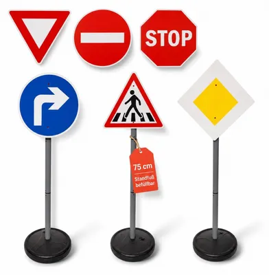 Produktbild von Straßenschilder-Set für Kinder – Spielerische Verkehrserziehung mit 6 Verkehrszeichen und befüllbaren Standfüßen