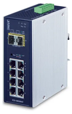 Produktbild von PLANET IP30 industrieller 8x 1000TP + 2x 100/1000F SFP Full Managed Ethernet Switch (-40 bis 75ø C), Managed, L2+, Gigabit Ethernet (10/100/1000), Vollduplex, Wandmontage