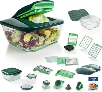 A collection of kitchen tools and accessories for preparing vegetables, including a salad chopper, various cutting blades, and storage containers.