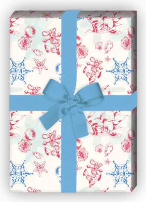 Produktbild von Nautisches Geschenkpapier mit Segelboot, Kompass und Anker, rot - G8653, 32 x 48cm