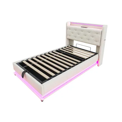 Produktbild von Flieks Polsterbett 90x200cm mit USB, Stauraumbett Einzelbett mit Lattenrost und LED, Hydraulisches Boxspringbett Jugendbett, Leinen, Beige