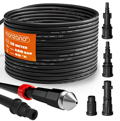 Produktbild von DEUBA® Rohrreinigungsschlauch 15m 160 Bar 4 Adapter Hochdruckreiniger Kärcher K2 K3 K4 K5 K6 K7 Rohrreinigungsset Abflussreiniger Rohrreiniger Schlauch
