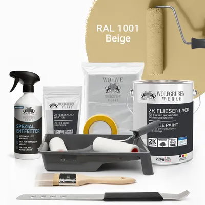 Produktbild von WO-WE Komplettset 2K Fliesenlack Renovierungsset für Küche, Badezimmer, Wand- & Bodenfliesen Beige 2,5Kg