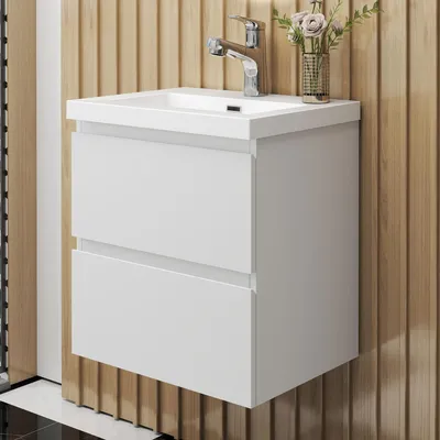 Produktbild von Badezimmermöbel 50cm CINIC-Serie Rechteckiges Waschbecken mit Unterschrank Hängeschrank Badezimmerschränke mit 2 Schubladen Weiß Matt