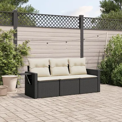 Produktbild von Design 3-tlg. Garten-Sofagarnitur mit Kissen Schwarz Poly Rattan, Gartenmöbel-Sets 2024 Neu