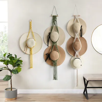 Obrázok produktu pre Macramé vešiak na klobúky, boho vešiak na klobúky na stenu, držiak na klobúky, organizér, stojan na čiapky, úložný stojan na baseballové klobúky, žltá/zelená/béžová, 100cm/130cm/165cm
