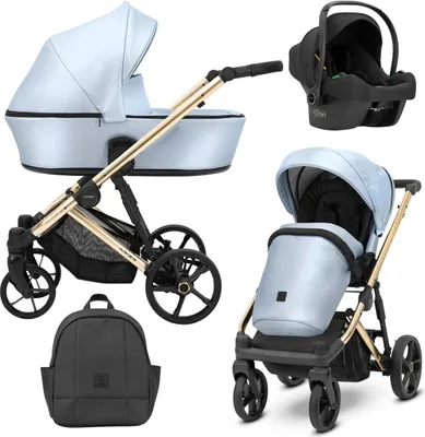 Image de Kunert ARIZO PREMIUM 3in1 Poussette éco-cuir bleue avec châssis doré, nacelle et accessoires