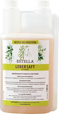 A bottle of Estella Lebersaft with a label showing a horse illustration and product information.