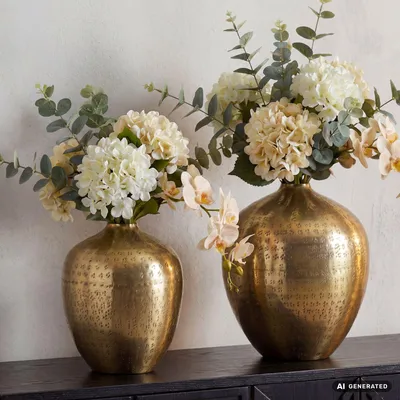 Produktbild von WOHNLING Tischvase 2er Set Aluminium Gold Dekovase rund Metall Vase modern Wohnzimmer Deko Alu Design Vase Tisch Dekoration Handmade, KI-generiertes Bild