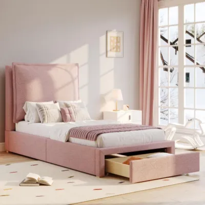 Produktbild von Polsterbett,Einzelbett,Kinderbett,Bett mit Lattenrost, Kopfteil und großem Stauraum, gepolstertes Kopfteil, rosa  90 x 200cm