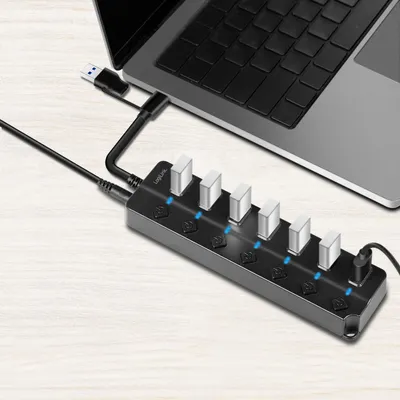 Produktbild von LogiLink USB 3.0 Hub, 7-port, w/ switch for each port, black