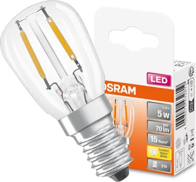 A product shot of an LED light bulb and its packaging.
