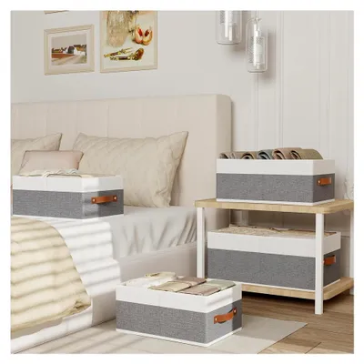 Produktbild von 4er Set Faltbare Aufbewahrungsboxen, Stoffboxen mit Griffen, Organizer für Schränke, Aufbewahrungskörbe für Kleidung, 33×23×14 cm, Weiß und Grau
