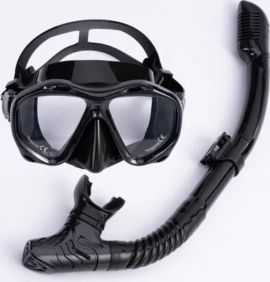 Produktbild von Schnorchelset für Erwachsene mit Antibeschlag-Tauchmaske und Trockenschnorchel. Gläser aus gehärtetem Glas. Tauchmaske schützt vor starker UV-Strahlung. Professionelle Schnorchelausrüstung