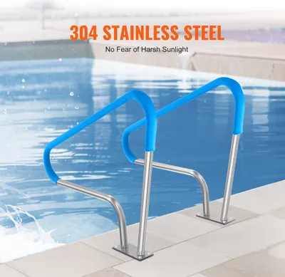 Produktbild von Pool-Handlauf, 2 Stück, 1220 x 905 x 100 mm, Pooleinstieg Edelstahl mit Grundplatte für Innen-/Außenpools, Einstieghilfe für Schwimmbäder, Haltegriff mit Griffabdeckung & Zubehör für Spas