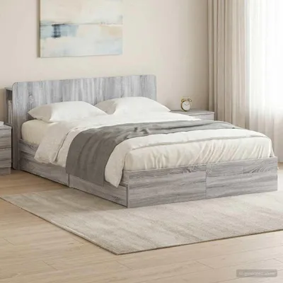 Image de Lit double exclusif avec rangement, coloris gris Sonoma, dimensions 160 x 200 cm, fabriqué en panneaux de particules