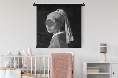 Produktbild von MuchoWow® Wandteppich Wandbehang Das Mädchen mit dem Perlenohrring - Johannes Vermeer - Schwarz und weiß 90x90 cm Tapisserie Dekoration Wandtuch - Wandaufhänger