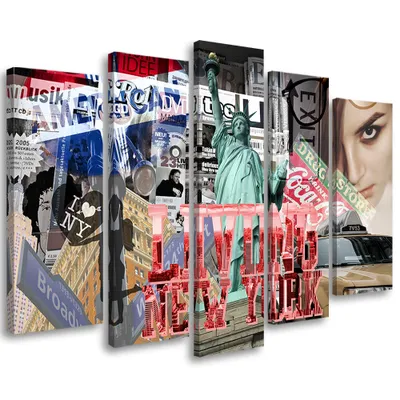 Obrázok produktu pre Obraz na plátne v 5 sekciách new york pop art koláž usa 100x70 cm Feeby farebné maľba na stenu pripravené na zavesenie