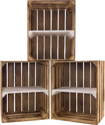 Produktbild von 3er Set neue geflammte/flambierte Obstkiste-Mittelbrett weiß Quer 50cm x 40cm x 30cm, Weinkiste Schuhregal Regal Kiste