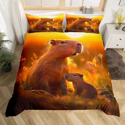 Imagen del producto de Juego de sábanas para niños con estampado de capibara, incluye fundas de almohada
