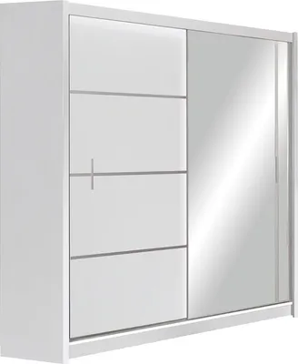 Produktbild von Furniture24 Kleiderschrank Vista 180 Schwebetürenschrank Schrank mit Schiebetür 2 Kleiderstangen 5 Einlegeboden Weiß mit Spiegel , 151 cm breit