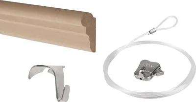 Image de STAS rail pour tableaux en bois - systèmes d'accrochage de tableaux / cadres / posters - rail pour galeries - Windsor 120cm + crochets de bordure en aluminium + câble perlon avec oeillets 150cm + crochets pour tableaux Zipper (set complet)
