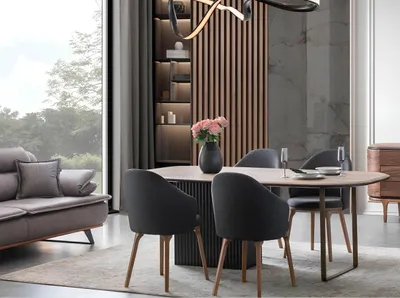 Produktbild von Designer Esszimmergarnitur Moderne Braune Stühle Holz Esstisch 5tlg Set