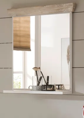 Produktbild von Badezimmer Spiegel "Rovola" in Pinie weiß / Oslo Pinie Landhaus Badspiegel mit Ablage
