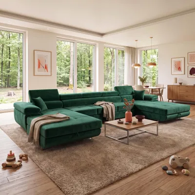 Produktbild von MUFFO Ecksofa U-Form ALONZO MAXI U mit Schlaffunktion 125x318 Velours Grün, KI-generiertes Bild