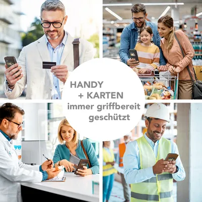 A collage of four images showing people using smartphones and cards in different settings, with text overlay.