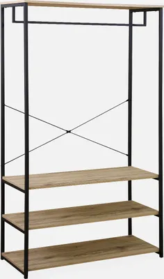 A freestanding wardrobe with a hanging rail and three shelves, made of metal and wood-effect material.