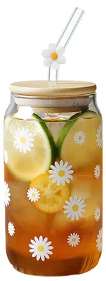 Trinkglas 454 ml mit Deckel und Strohhalm, Gänseblümchen-Design