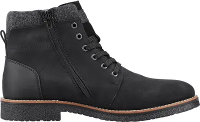A side view of a black boot on a white background.