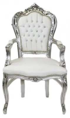 Produktbild von Casa Padrino Barock Esszimmer Stuhl mit Armlehnen weiß / silber Lederoptik mit Bling Bling Glitzersteinen