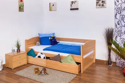 Produktbild von Kinderbett 90 x 200 cm | Massivholz: Buche | Natur Lackiert | inkl. 2 Schubladen und Lattenrost