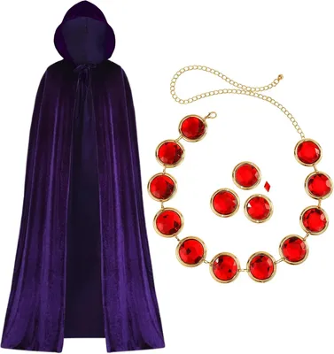 Produktbild von Violette Samtklappe mit Kapuze und rotem Gürtel mit Edelsteinverzierung, Anime-Cosplay-Halloween-Kostümset für Damen